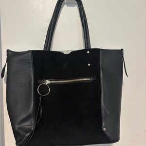 Topshop Black Mixed-Material Tote with Front Zip and Ring Accent